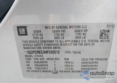 2017 Chevrolet Silverado 1500 1Lt from USA, damaged, VIN 1GCPCREC4HF243512